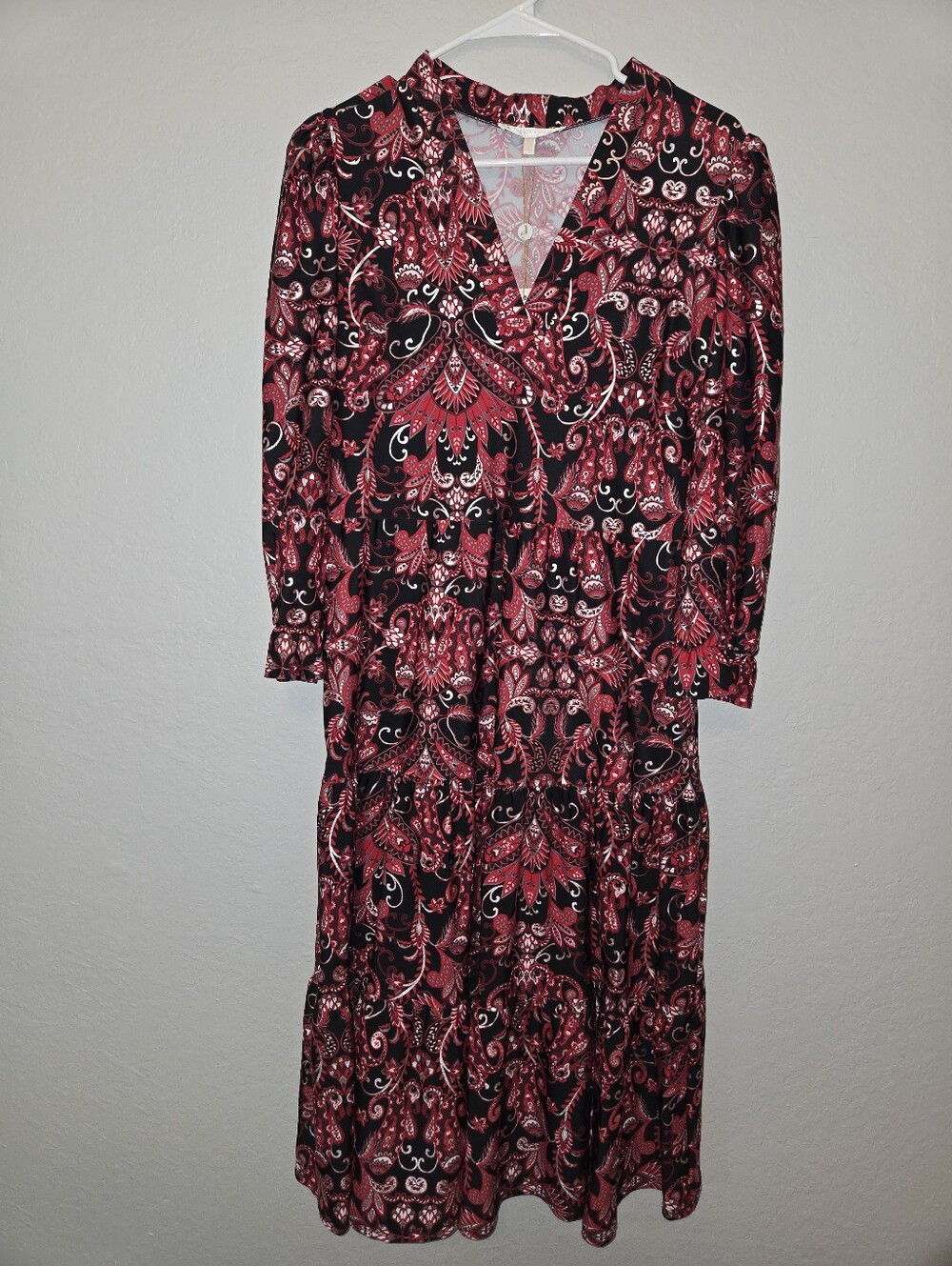 Jude Connally Red & Silver Paisley Amore Dress, 3/4 Sleeves, Small - Picture 4 of 7